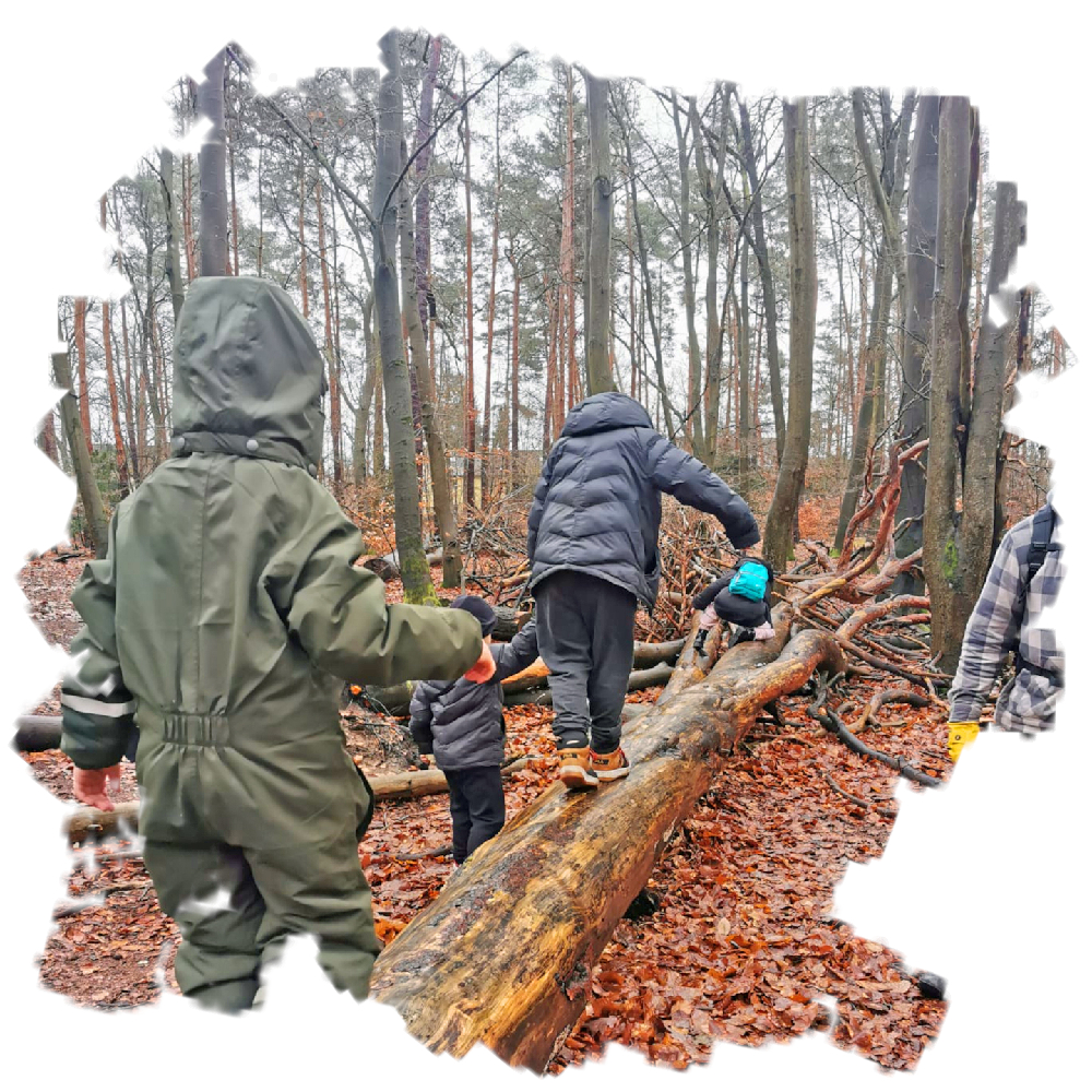 Kinder laufen über einen Baumstamm